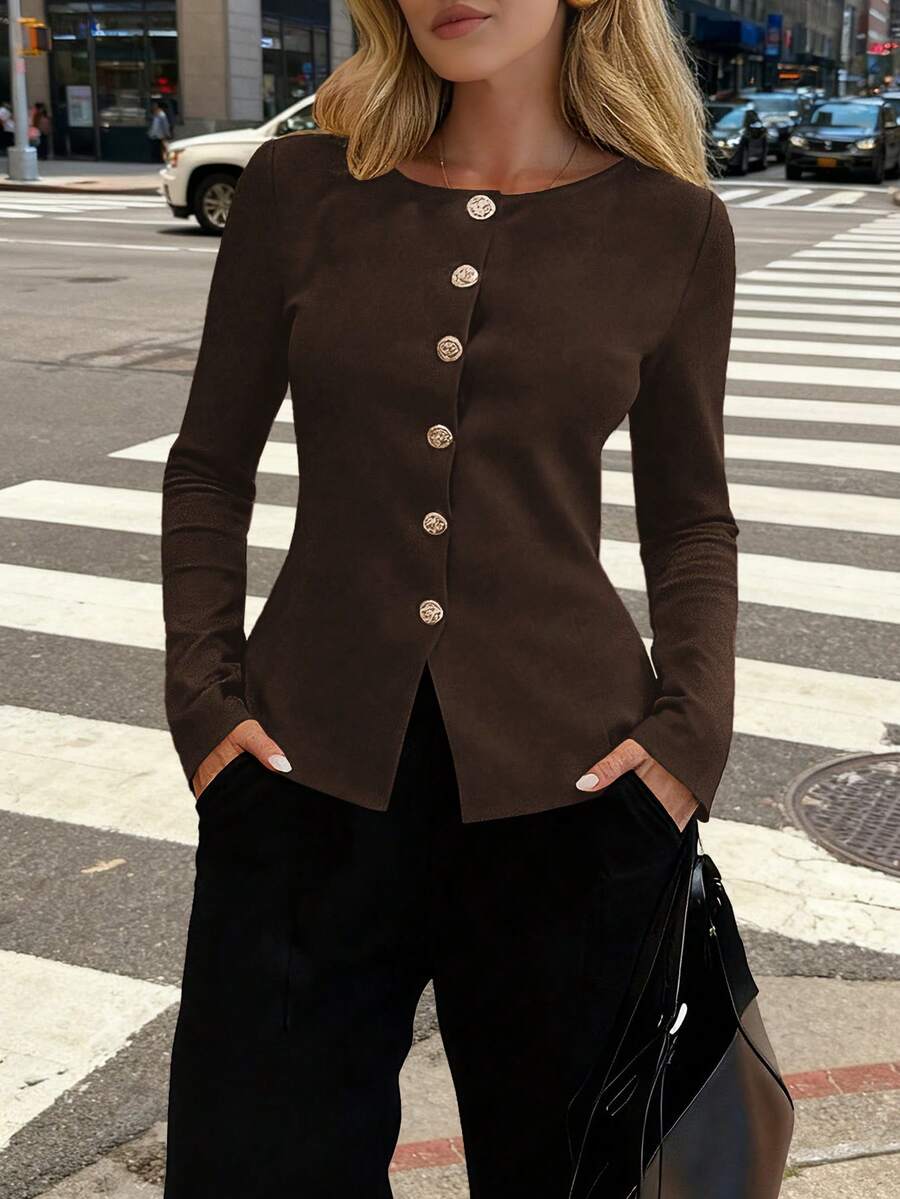 复古时尚金属纽扣前开纯色长袖圆领薄开衫，修身优雅简约休闲针织毛衣，适合女士，春秋冬 - 棕色 - 查看 1