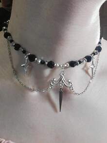 1 件十字架水滴吊坠项链，星爆流苏项链，哥特式黑色玻璃珠和不锈钢链，适合女性日常佩戴、派对、角色扮演、音乐节、表演、珠宝礼物 - 彩色 - 查看 7