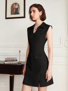 女士优雅纯色无袖派对连衣裙，黑色 - 黑色 - 查看 4