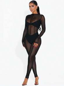 European And American Style Long-Sleeved Mesh Trousers 2025 Spring Ins New Women's Sexy Transparent Jumpsuit - 黑色 - 查看 5