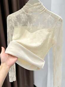 女士优雅高领蕾丝边叠穿衬衫，秋冬款
