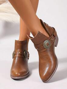 Brown Hollow Strap Retro Buckle Chunky Low Heel Round Toe Slip-On Ankle Boots, Elegant Versatile For Commute And Daily Wear - Brown - View 3
