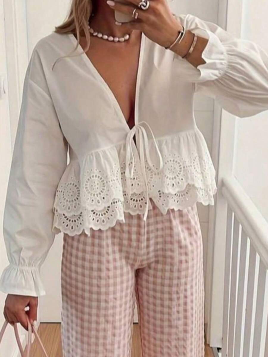 Plus Size Woven Long Sleeve Shirt With Hollow Lace Trim And Tie Front - White - View 1