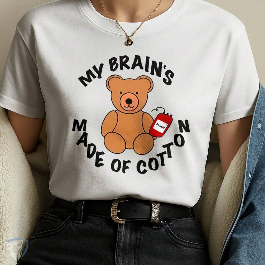 Creative Humor T-Shirt – Teddy Bear With Blood Bag And Funny Phrase - White - View 1