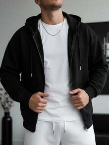 Men's Casual Solid Color Minimalist Hooded Sweatshirt Sweatshirt, Loose Fit Fleece Jacket, Spring/Autumn - Black - View 3