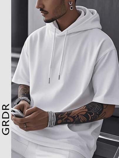 GRDR Men's Casual Solid Color Drawstring Hooded Short Sleeve T-Shirt, Suitable For Outdoor Leisure Wear