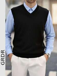 GRDR Men's Solid Color V-Neck Casual Versatile Knitted Vest - Black - View 6