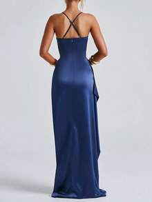 WOWDARK 夏季连衣裙，蓝色缎面吊带裙，褶皱细肩带，侧开衩设计，优雅派对礼服，适合情人节、约会、聚会、派对、旅行、度假、海滩婚礼等场合。 - 藍色 - 查看 6