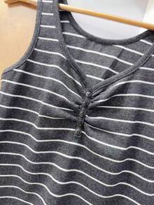 Pure Cotton Tank Top With Ribbed Design In The Middle, Knitted Fabric With Buttons. - Dark Gray Stripes - View 3