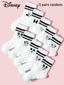 Disney 1/5/10双装儿童/女孩/男孩白色双条纹短袜/踝袜，可爱卡通黑白/蝴蝶结图案，时尚柔软透气吸湿舒适，适合新学期/返校/学生/户外运动/假期礼物 - 白色 - 查看 13