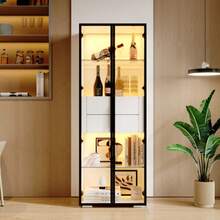 60 X 40 X 160 Cm Cabinet, Display Cabinet With Tempered Glass Door, Display Cabinet/Storage Cabinet With LED Lighting, 2 Glass Shelves, 2 Drawers, Tall Cupboard, Living Room Cabinet, Storage Cabinet, Tall Cabinet, Sofa Cabinet, White - 黑與白 - 查看 12