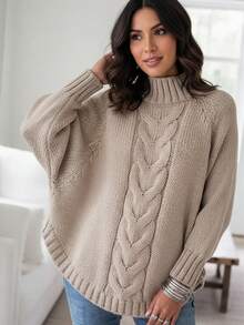 Suéter de cuello alto simulado con cable, suéter de manga murciélago vintage con dobladillo curvado, ropa de mujer - Caqui - Ver 1