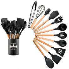 12件套多功能木柄硅胶烹饪用具套装，耐热汤勺，带刮刀的烘焙铲，意大利面叉，储物罐 - 彩色 - 查看 16