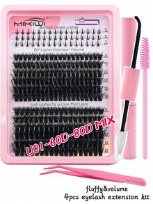 276Pcs D Curl Lash Clusters DIY Kit With Bottom Lashes, Bond, Seal, Tweezers, Brush. Mixed Length 60D-120D Individual False Lashes, Fluffy, Wispy, Soft, Lightweight, Reusable, Easy Apply, Beginner Friendly, Daily Party Wedding Makeup - 黑色 - 查看 13