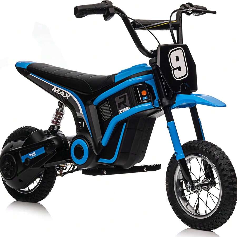 Bicicleta eléctrica de suciedad para niños, motocicleta eléctrica todo el terreno, 14.29MPH, 350W, motocicleta de 2 velocidades para niños, peso máximo 135 lbs.Seat Altura 18.3 ", suspensión trasera - Azul - Ver 1