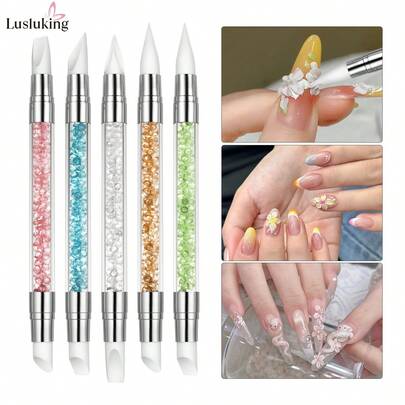 LUSLUKING 5支双头硅胶美甲笔 | 适用于3D设计、箔片雕刻和树脂艺术的亚克力雕塑笔 | 专业美甲工具，用于绘制、塑形和打造精致美甲效果