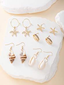 5 Pairs Starfish & Shell Earrings Set, Conch Earrings, Personalized Combination, Suitable For Casual, Vacation Wear, Gift