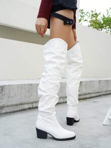 Women's Embroidered Ruched Western Floral Pattern Chunky Heel V-Cut Boots