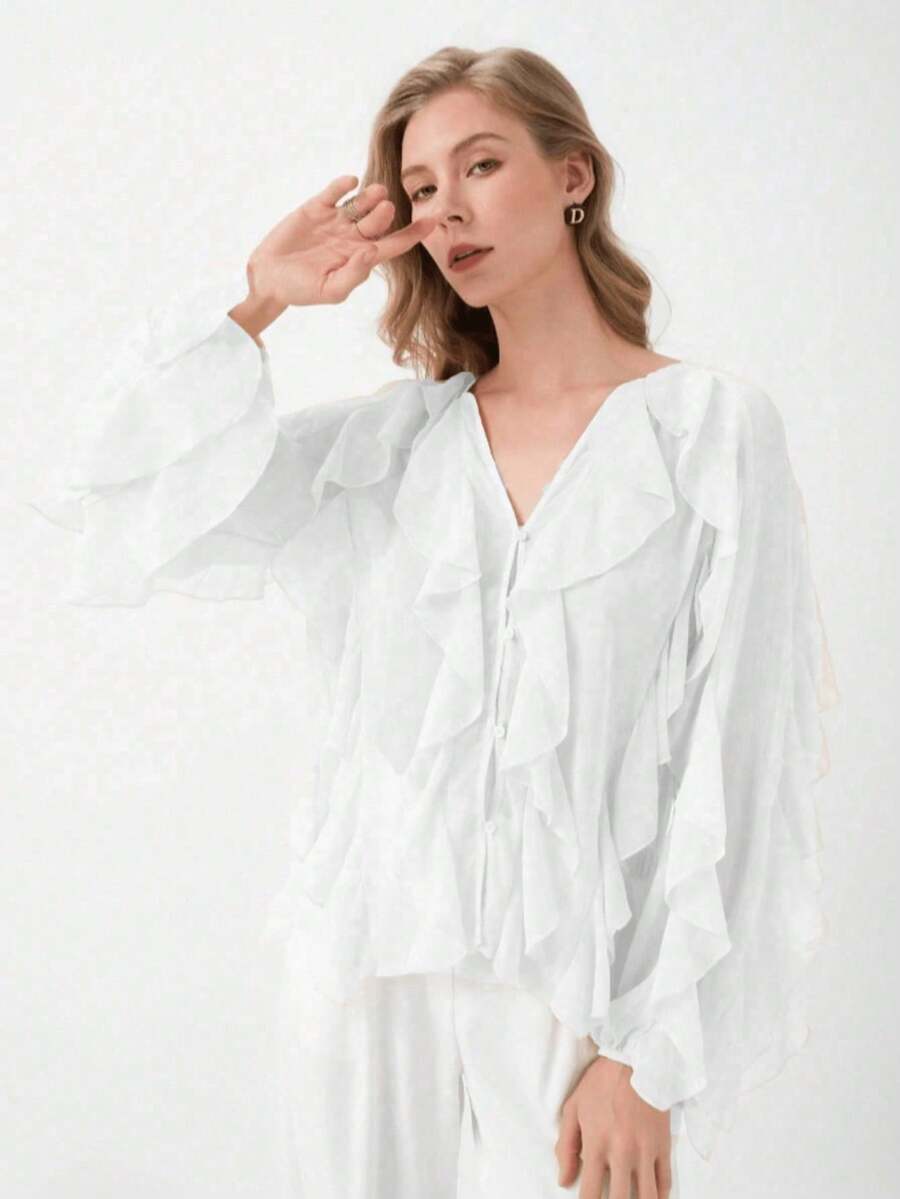 HZXVIC Women's New Autumn French Style Multi-Layer Ruffle Sheer V-Neck Drape Long Sleeve Blouse - White - View 1