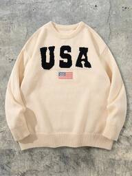 ユニセックス 冬用 カジュアル クルーネック 長袖 USAロゴ アメリカ国旗 ニットプルオーバーセーター