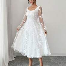 Solid Color Pattern Women's Autumn/Winter Elegant Jacquard Square Neck Waist-Cinching Long Sleeve Midi Dress, Dry Cleanable Garment, Medium Stretch Fabric, Suitable For Date Nights, Weddings / Holiday Parties And Casual Attire, Cowgirl Dresses For Women, Fall Wedding Guest Dresses, Formal Clothes For Women, Occasion Dresses For Women, Formal Event Clothing, Date Night Outfit, Midi Length Dress, Waist Cinching Dress, Floral Detail Dress - 白色 - 查看 2