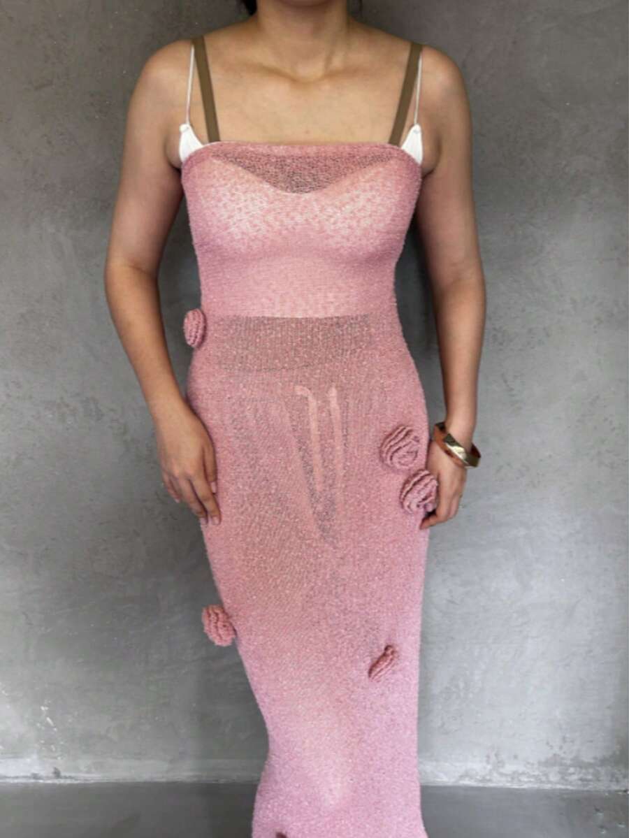 Women's New Style Sexy Strapless Top With Lace-Up Back 3d Flowers Grainy Party Fishtail Skirt, Beach Leisure Vacation Backless Hollow Exquisite And Elegant Knit Dress, Spring Summer Autumn - Pink - View 1