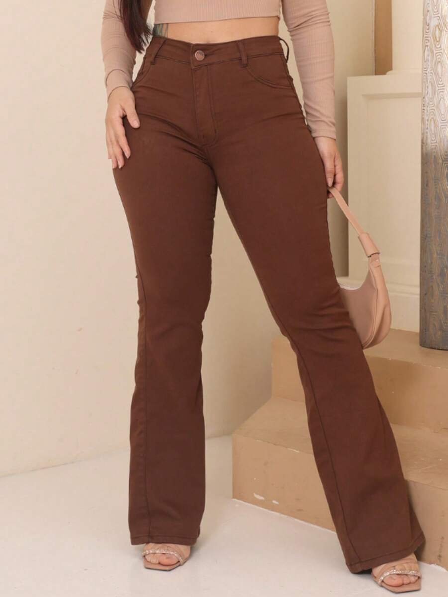 Faraya Jeans Women's Flare Jeans Available In Beige/Khaki/Brown/Black/White/Green, Super Comfortable, High-Waisted With Lycra. - 咖啡棕 - 查看 1