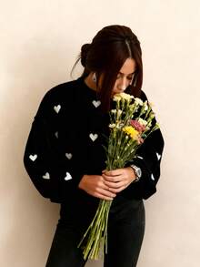 Autumn And Winter Women's Valentine's Day Cute Casual Heart-Patterned Loose-Fit Fashionable Sweater With Round Neck And Long Sleeves, Basic Sweater, Business Casual Women's Clothing, Autumn Top, Autumn Sweater, Women's Winter Clothing, Women's Autumn And Winter Clothing, Autumn Clothing - Black - View 7
