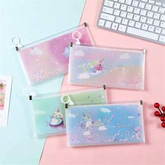 4pcs Waterproof Glitter Pencil Case Plastic B6 Exam Portable Pen Pencil Stationery Bag Sequin Laser Cartoon Zipper Pencil Case Document Bag