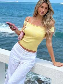 女士休闲纯色修身常规单肩领针织上衣性感露肩无袖紧身衣丁字裤紧身衣外出上衣修身 Y2K 可爱衬衫，春夏秋季