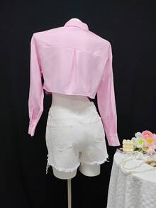 Happy Girl Striped Casual Fashion Blouse, Versatile For Spring/Autumn, Suitable For Vacation, Office, Daily Wear, Travel, Airport, Women Long Sleeve Cropped Shirt - Pink - View 2