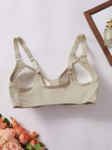 Full Bust Wirefree Bra - Front Hook & Adjustable Straps | Supportive Ribbed Design With Fixed Pads-Engineered For C-E Cups (1 Piece) - Beige - View 9