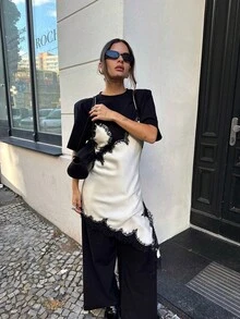 山茶花新款夏季女装时尚性感不对称蕾丝连衣裙，欧美风格优雅 - 白拼黑 - 查看 6