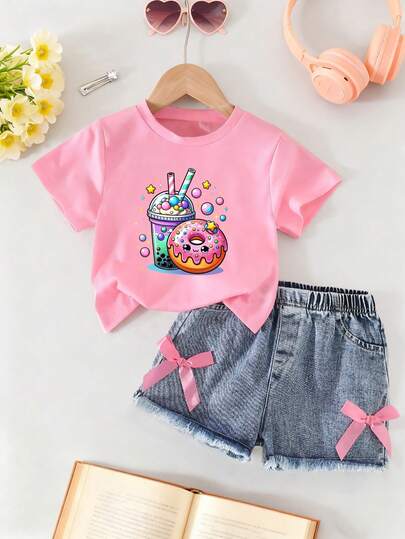Bộ áo thun tay ngắn in hình trái tim hoạt hình và quần short denim cho bé gái mới biết đi