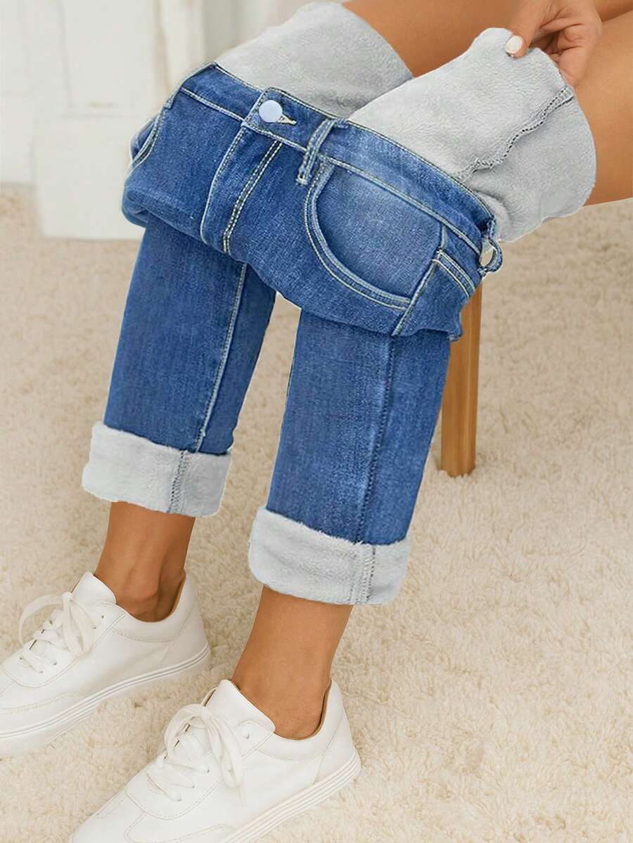 冬季保暖内衬紧身洗水牛仔裤 - 中藍 - 查看 1