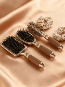 Meoky 5pcs Gold Cushion Comb Cylinder Brush Set Includes 2 Gold Hair Ties, Suitable For Men And Women Daily Use