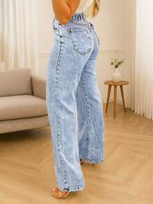 Quần jeans nữ màu xanh nhạt dáng suông, chất liệu denim bạc màu, có túi, kiểu dáng thường ngày, thích hợp cho mùa xuân. - Màu xanh lam - Xem 2