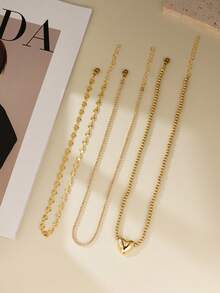 Set de 3 collares elegantes con decoración de corazón, cuentas doradas de CCB y multicapa, collar de cadena con strass adecuado para uso diario, citas, fiestas y regalos de vacaciones para mujeres - Amarillo Oro - Ver 6