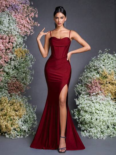 AOSHABABI Burgundy High-Stretch Fabric Strapless Dress, Elegant Shoulder & Neck Design, Mermaid Maxi Skirt, Luxurious, Tie-Back Detail For Romantic Look, Suitable For Formal Occasions, Music Festivals, Galas, Weddings, Parties, Graduations, Cocktail Events, Dates, Holidays, And Bridesmaid Dresses