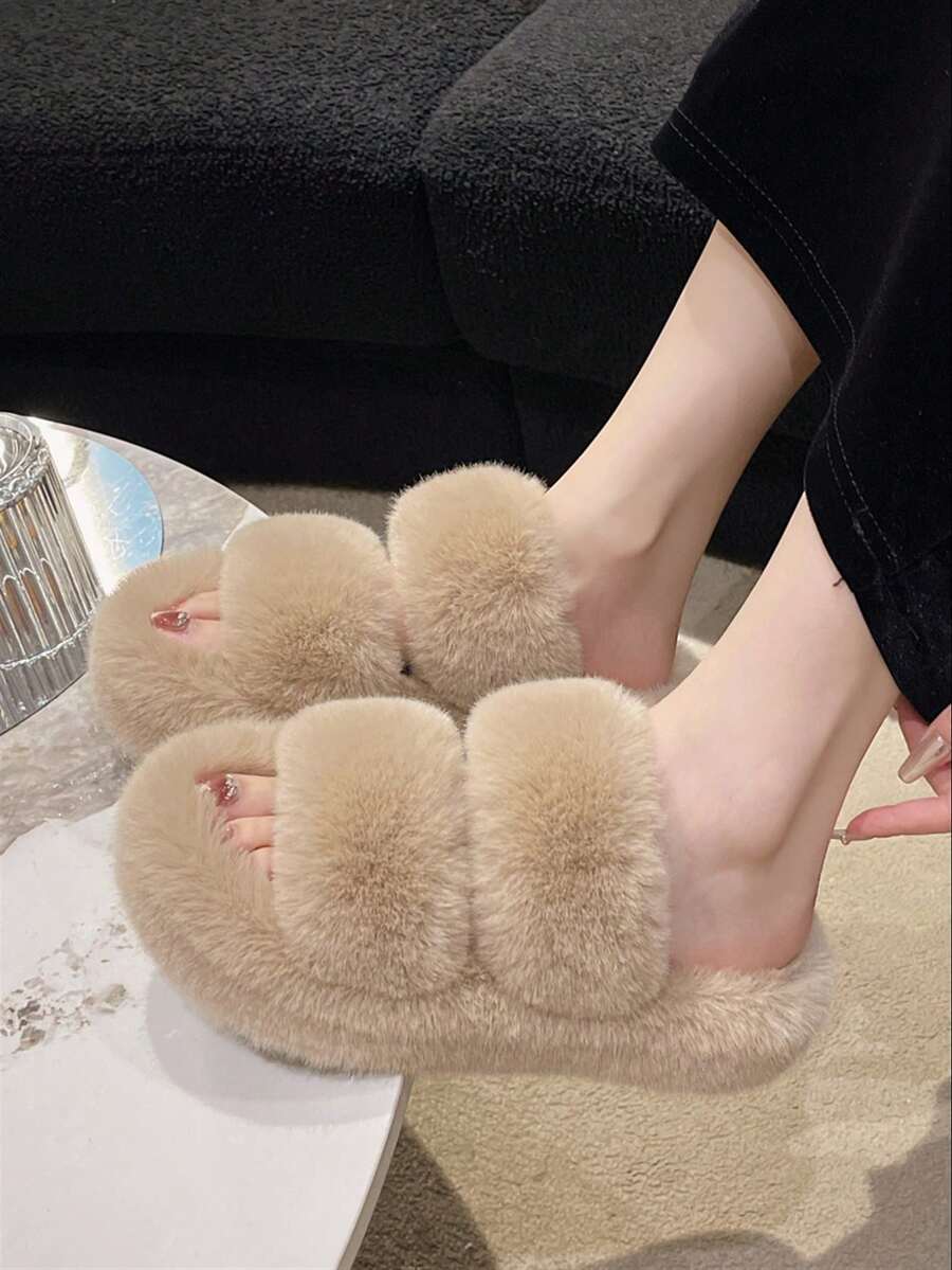 2025新款女士厚底高跟毛绒拖鞋，适合户外穿着，秋冬季网红风，娇小身材适用，增高厚底一脚蹬拖鞋，办公/居家两用，尺码34-42 - 卡其色 - 查看 1