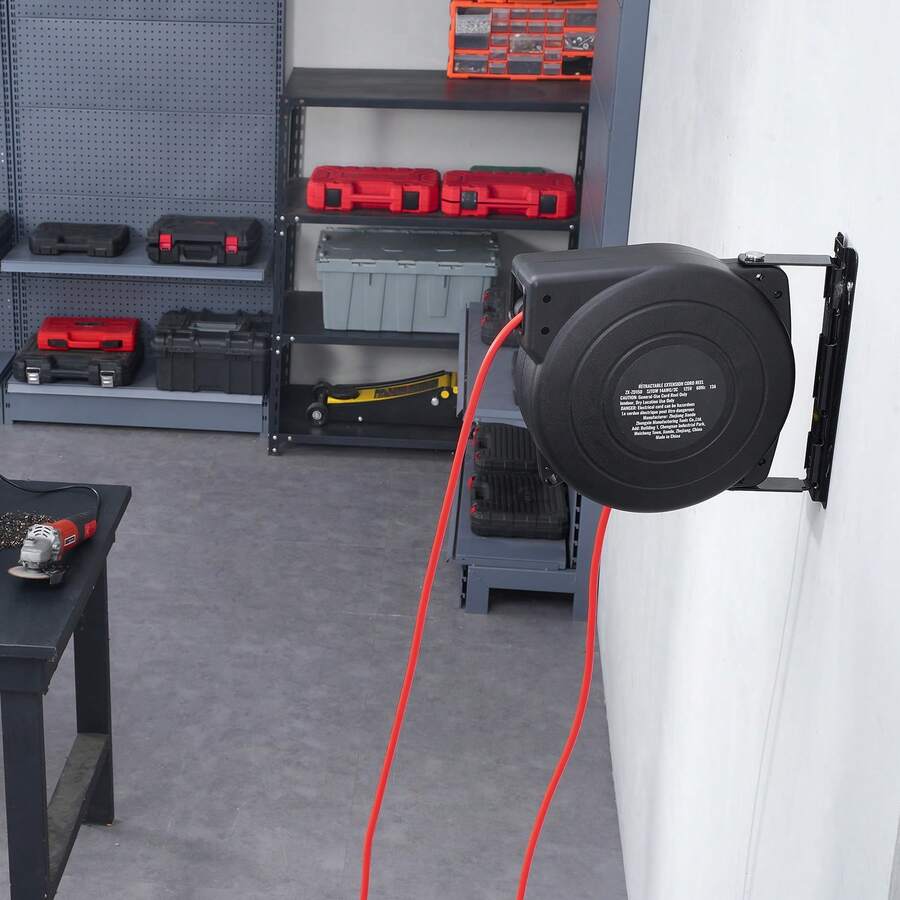 Retractable Extension Cord Reel, 50 FT, Heavy Duty 14AWG/3C SJTOW Retractable Power Cord With Lighted Triple Tap Outlet, 13 Amp Circuit Breaker 180° Swivel Bracket For Ceiling Or Wall Mount - 14AWG/3C SJTOW - View 1
