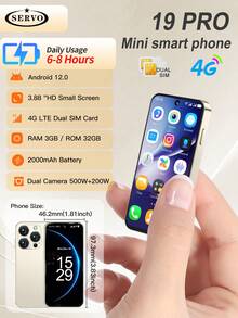 SERVO Mini Android 12.0 Smartphone 4G LTE Dual SIM Cards Android 12.0 3.88-Inch High-Definition Display RAM 3GB+ROM 32GB Portable Smartphone - Black - View 2