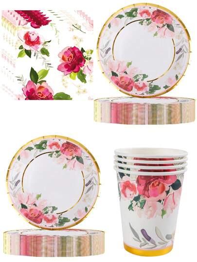 10pcs Green Leaf Flower Stamping Theme Party Paper Plate Set Disposable Birthday Paper Plate Cups Paper Towels Birthday Party Supplies Camping Camping Tea Party Banquet Wedding Supplies