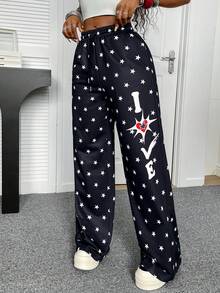 Pantalones de pierna ancha con estampado de estrella americana para mujeres, pantalones casuales de cintura alta estilizantes con estampado de letra LOVE en todo el diseño, para primavera/verano - Negro - Ver 9