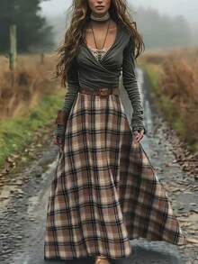 Women's Casual A-Line Long Plaid Skirt, Waist Belt Design, Polyester Non-Stretch Fabric, Zipper Detail Spring - Coffee Brown - View 4
