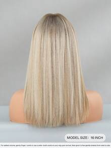 7JHH WIGS High Quality 16-Inch Shoulder Length Straight Linen Blonde Wigs For Women - Elegant Blonde Highlights Wig With Bangs Dark Roots, Soft Silky Heat-Resistant Synthetic Fiber Hairpiece For Daily Wear, Perfect For Holidays Cosplay & Music Festival Use, Graduation Gift & Mother's Gift Wig Accessory - Blonde Highlight - View 4