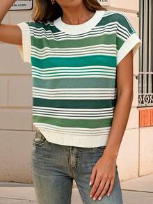 Womens Loose Knit Vest Colorful Stripes Print Sleeveless Crew Neck Tank Tops Fall Sweaters - Green - View 2