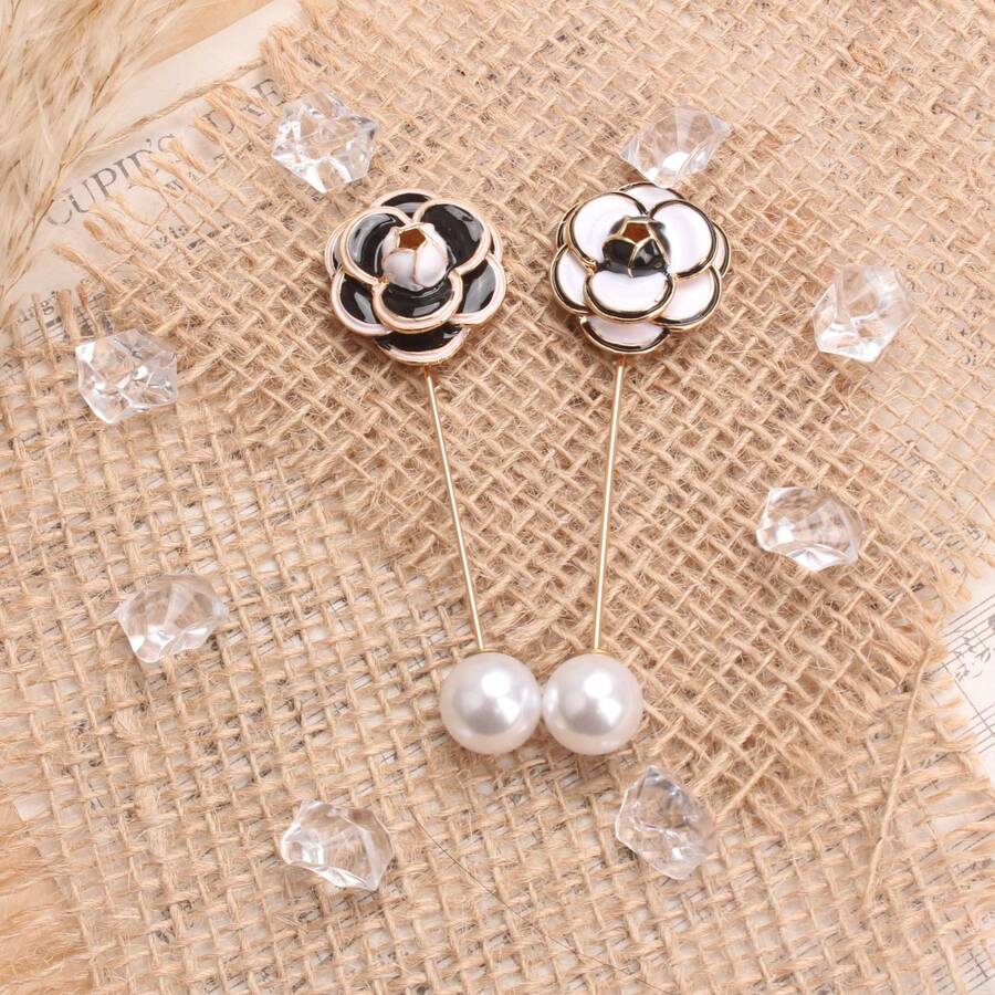 Vintage Camellia Brooch Set, Gold-Toned Craft With Enamel, Pearl & Intricate Detailing, Fashion-Forward Statement Accessory For Enthusiasts, Ideal For Outfits, Bags & Styling - màu đen - Xem 1