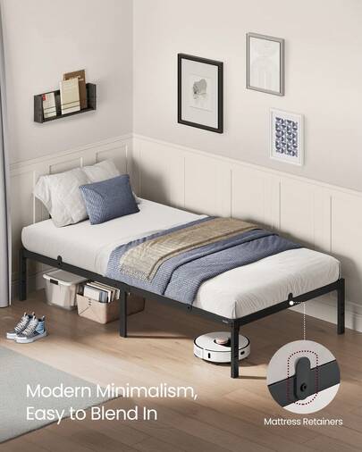 Single Metal Bed Frame, 90 X 190 Cm, Under-Bed Space, Modern Style, For Guest Room, Easy Assembly, Ink Black