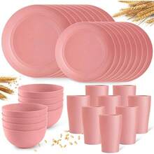 Plastic Plates And Bowls Sets, Dishwasher And Microwave , Reusable, Lightweight Unbreakable Dinnerware Sets 8, 32 Pcs - Kitchen, Camping, Outdoor, RV - Wheat Straw Look - 粉色 - 查看 7